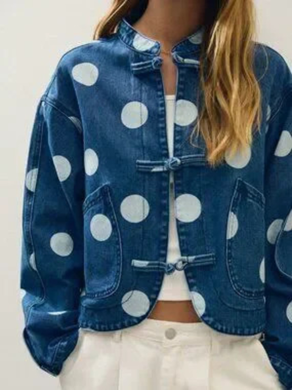 Dark Wash Casual Women's Polka Dot Denim Jacket With Frog Buttons